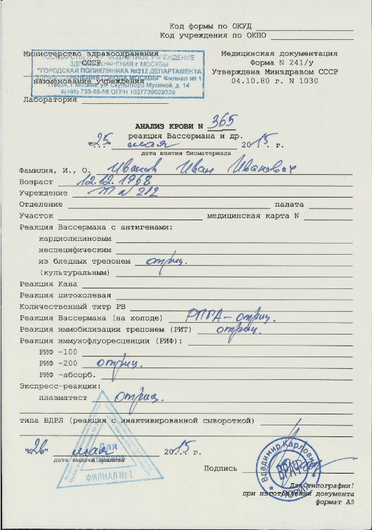Купить результаты анализа крови реакция Вассермана 241/у в Красноярске